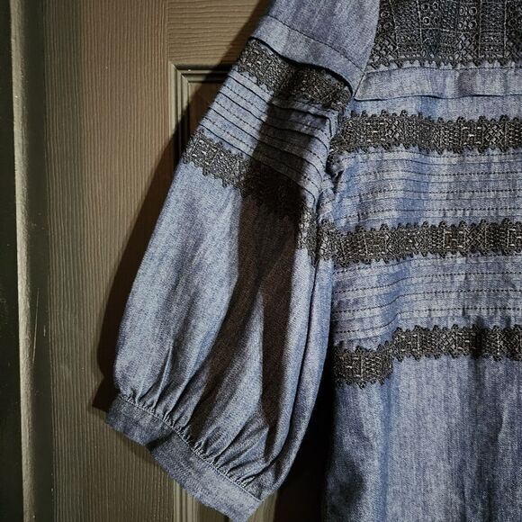 Banana Republic Puff Sleeve Pintuck & Lace Shift Dress in Rinse Preppy Work - Picture 8 of 13